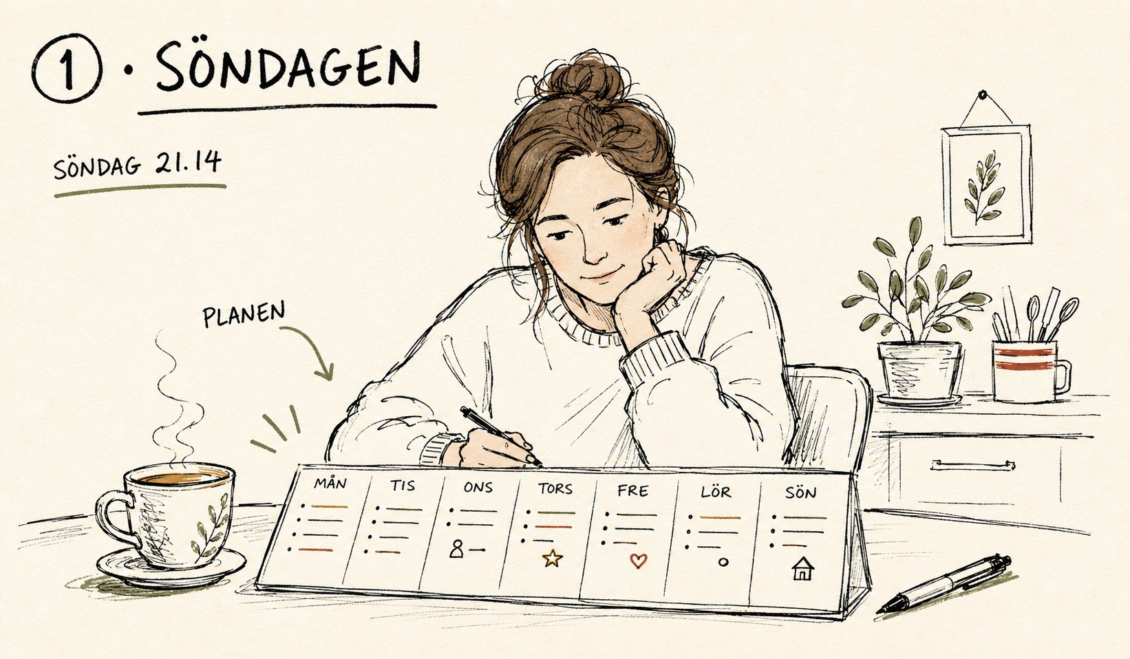 Söndag kväll klockan 21.14: hon sitter vid köksbordet med te och lägger veckans plan.